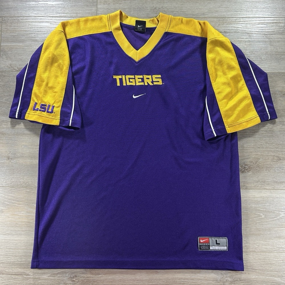 VTG Team Nike Large LSU Tigers Dri Fit Warm Up Shirt Purple Yellow Colorblock